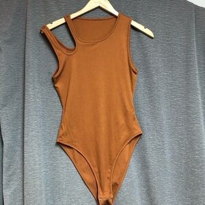 Shein large, dark brown rust round neck bodysuit with off shoulder strap